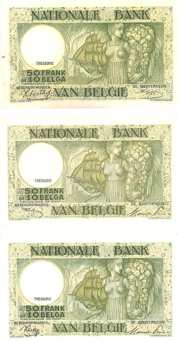 Belgium. 50 Francs / 10 Belgas. Banknote. Type 1944. - Extremely fine.