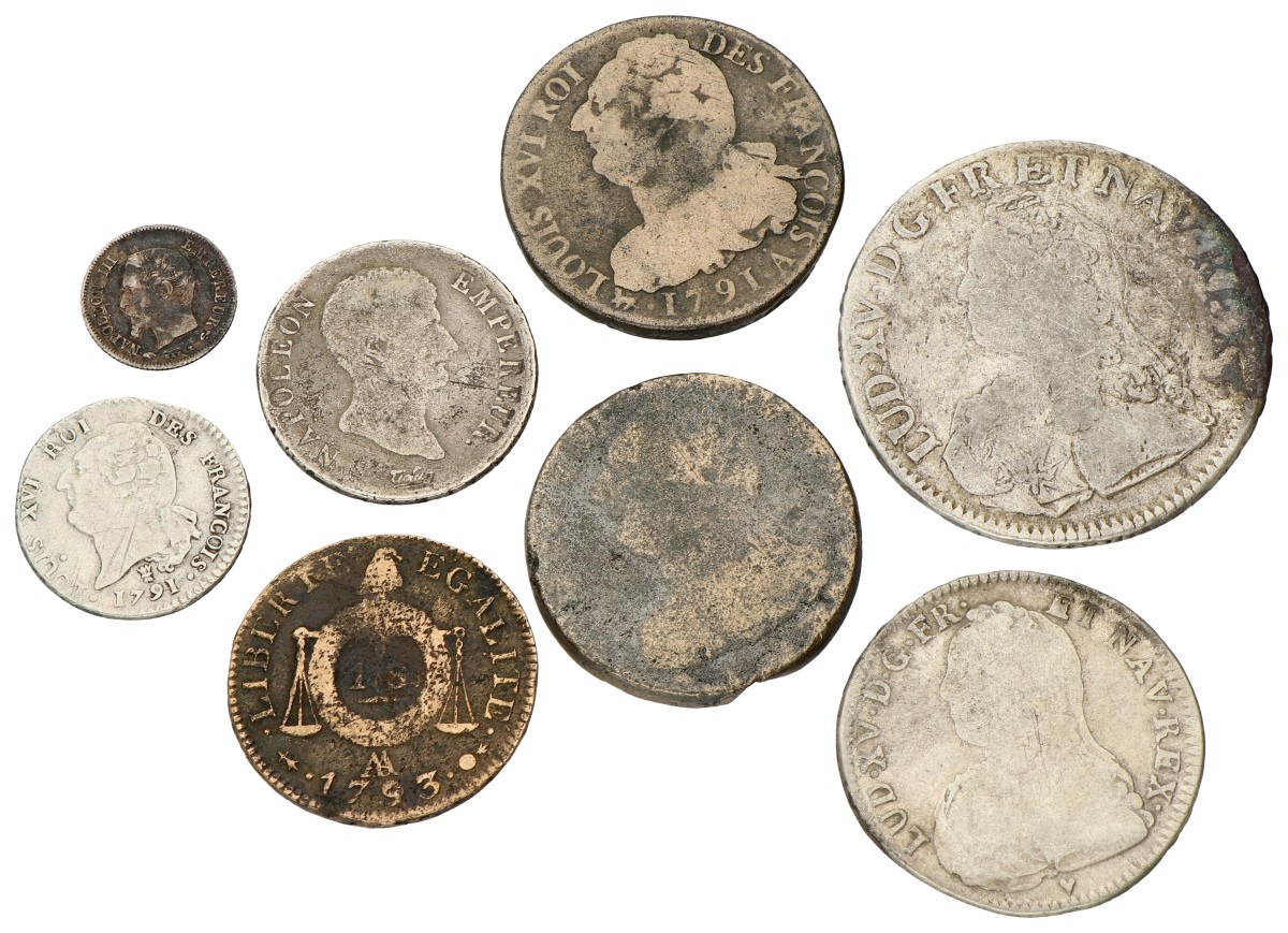 France. Lot (8) Various silver & bronze coins incl. 2 Francs 1806 A. 18th & 19th century.