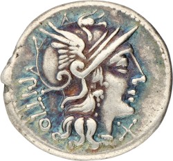 Roman Republic. M. Atilius Serranus. Denarius. ND (148 BC). XF.