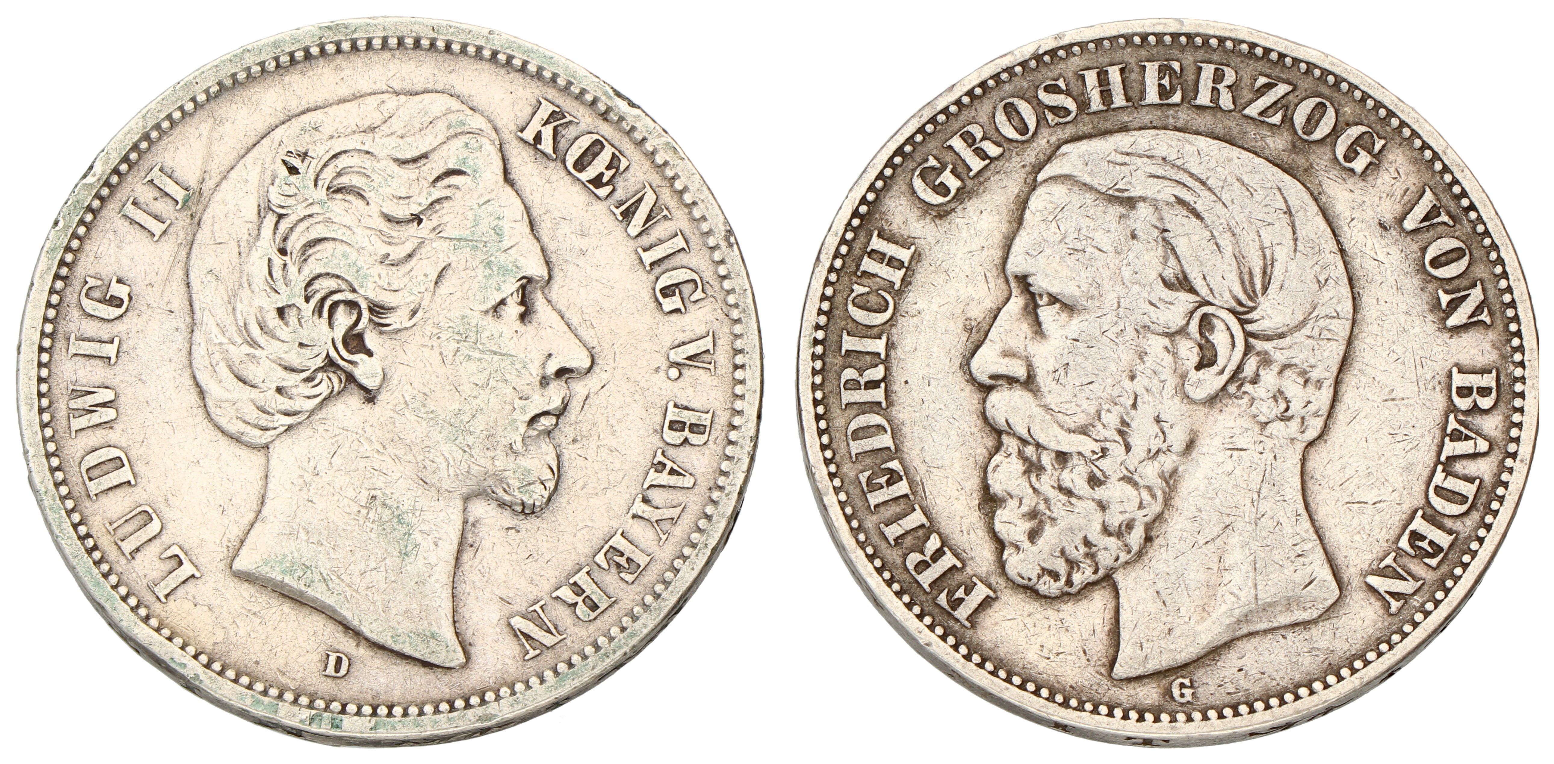 German states. Baden & Bavaria. Friedrich & Lüdwich II. Lot (2) 5 Mark. 1875 G & D. VF - XF.