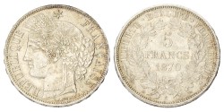 France. 3rd Republic. 5 Francs. 1870 A. AUnc.