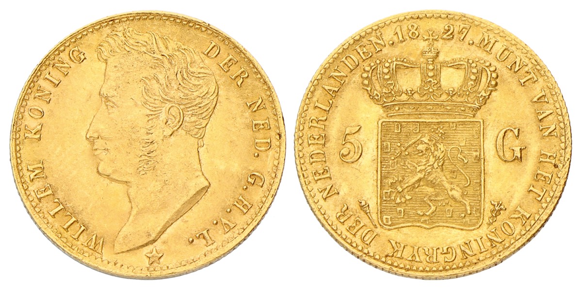 5 Gulden. Willem I. 1827 U. Zeer Fraai / Prachtig.