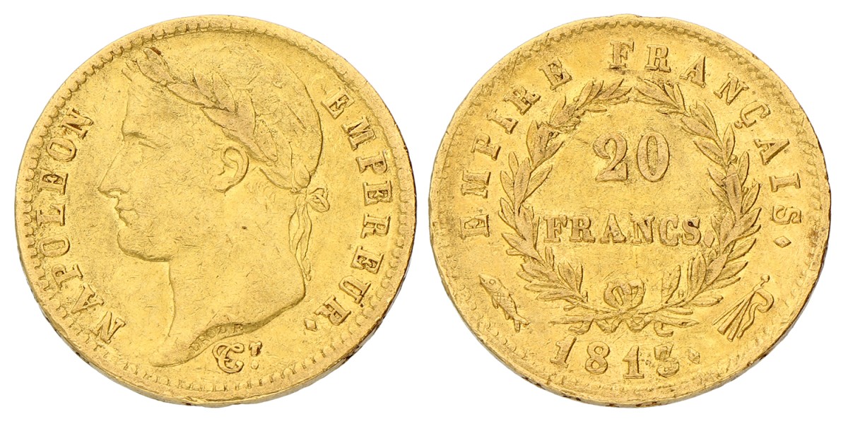 20 Francs. Napoleon. 1813 Vis. Zeer Fraai +.