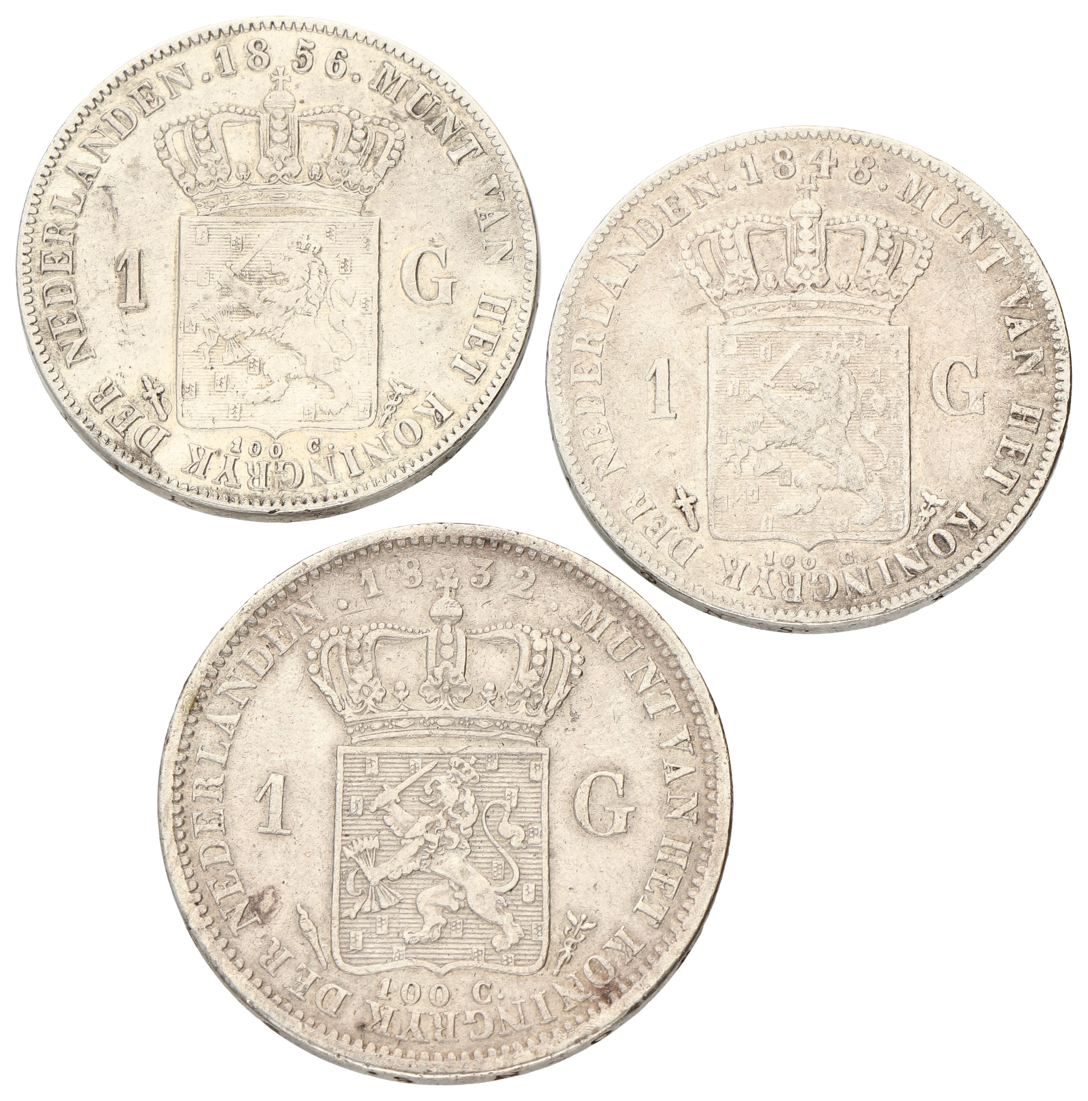 Lot (3) 1 Gulden. Willem I, II & III. 1832, 1848, 1856. Gemiddeld Zeer Fraai.