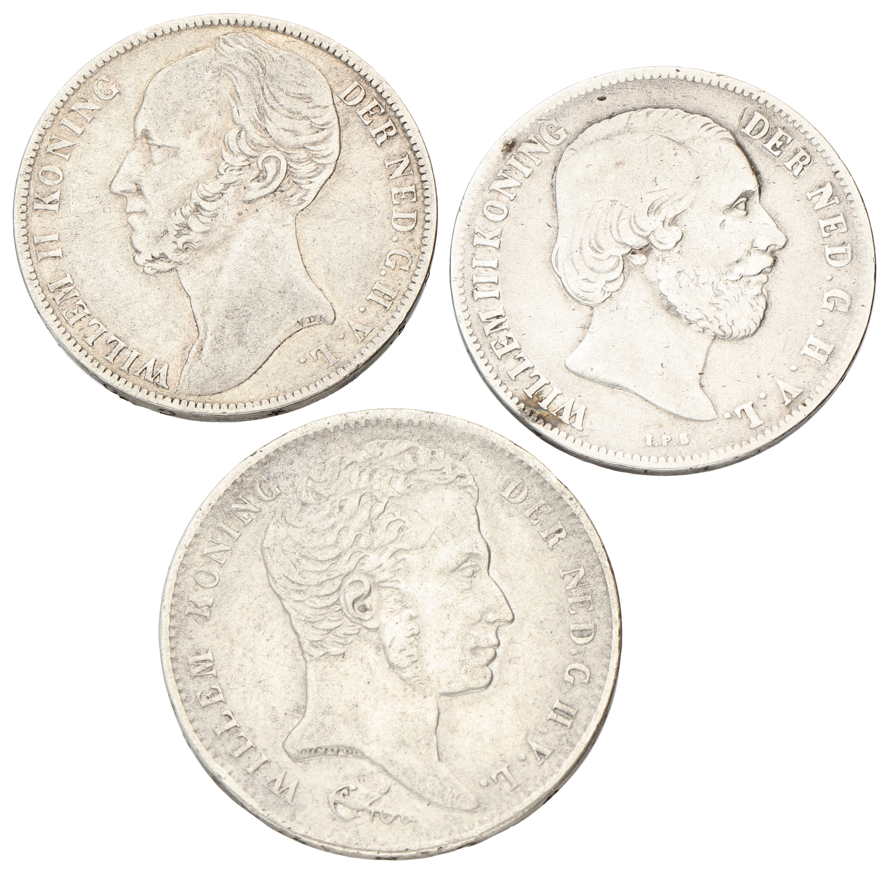 Lot (3) 1 Gulden. Willem I, II & III. 1824 Streepje - 1846 - 1858. Gemiddeld Zeer Fraai.