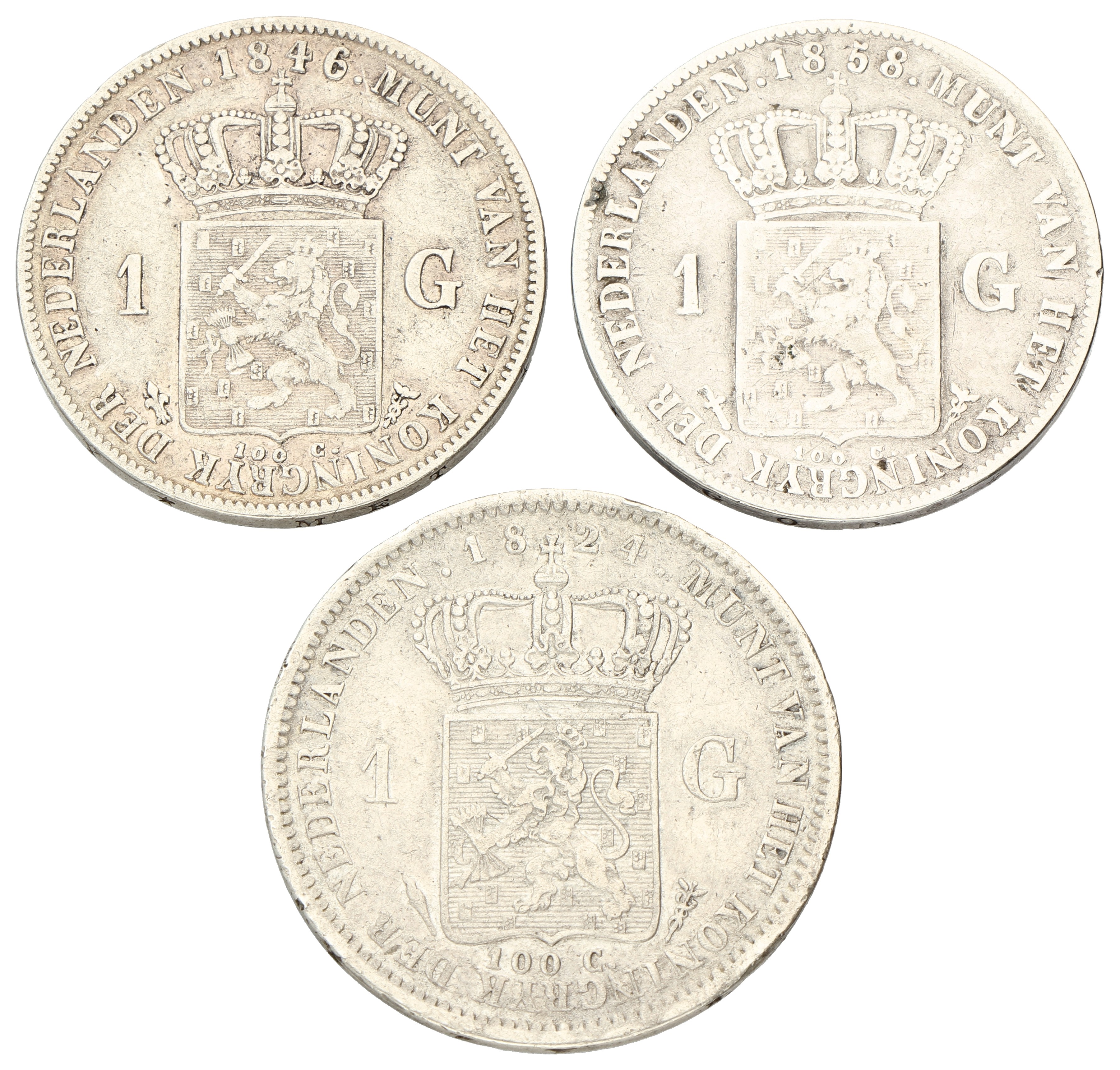 Lot (3) 1 Gulden. Willem I, II & III. 1824 Streepje - 1846 - 1858. Gemiddeld Zeer Fraai.