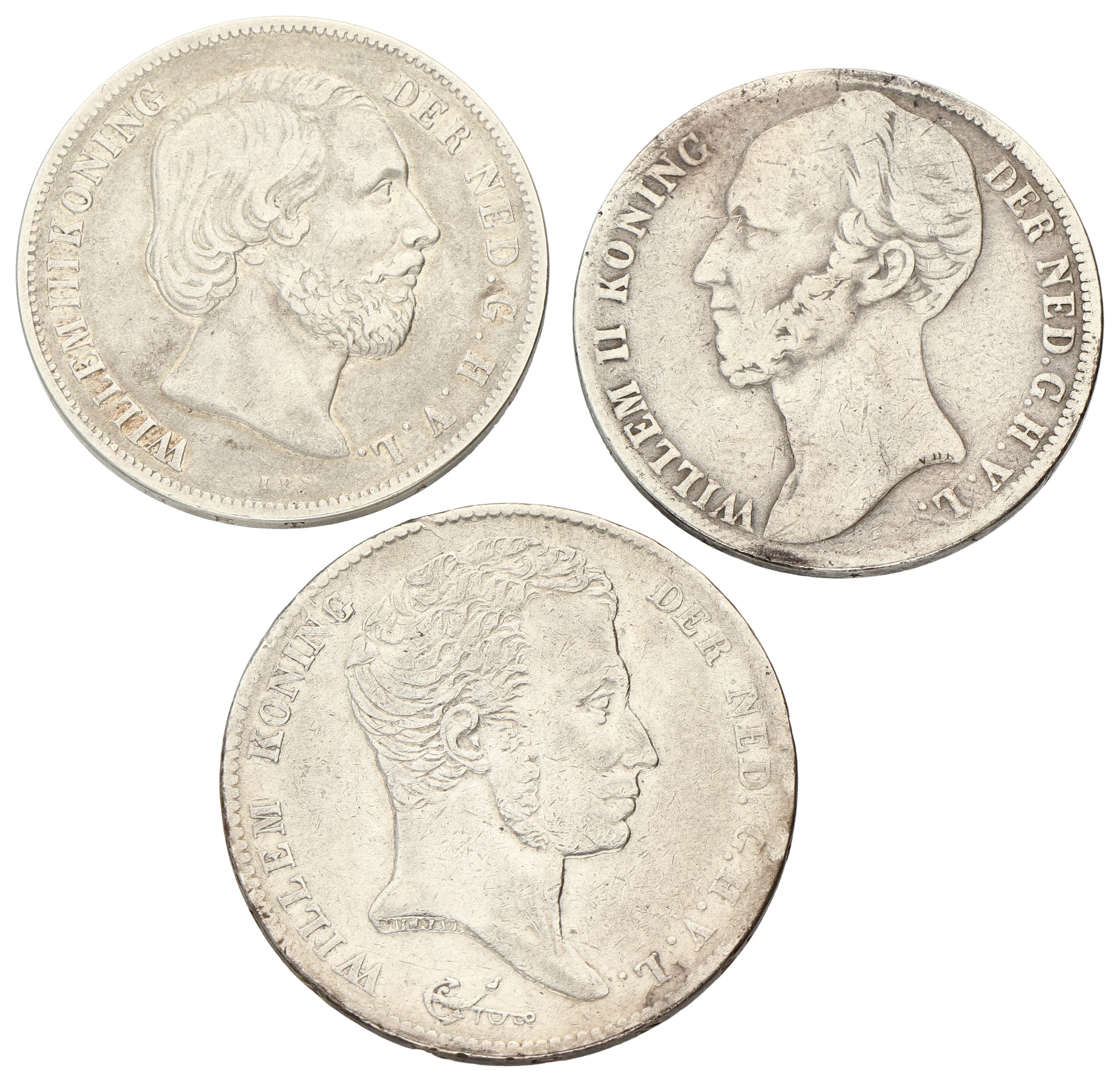 Lot (3) 1 Gulden. Willem I, II & III. 1819U, 1845A & 1855. Gemiddeld Zeer Fraai.