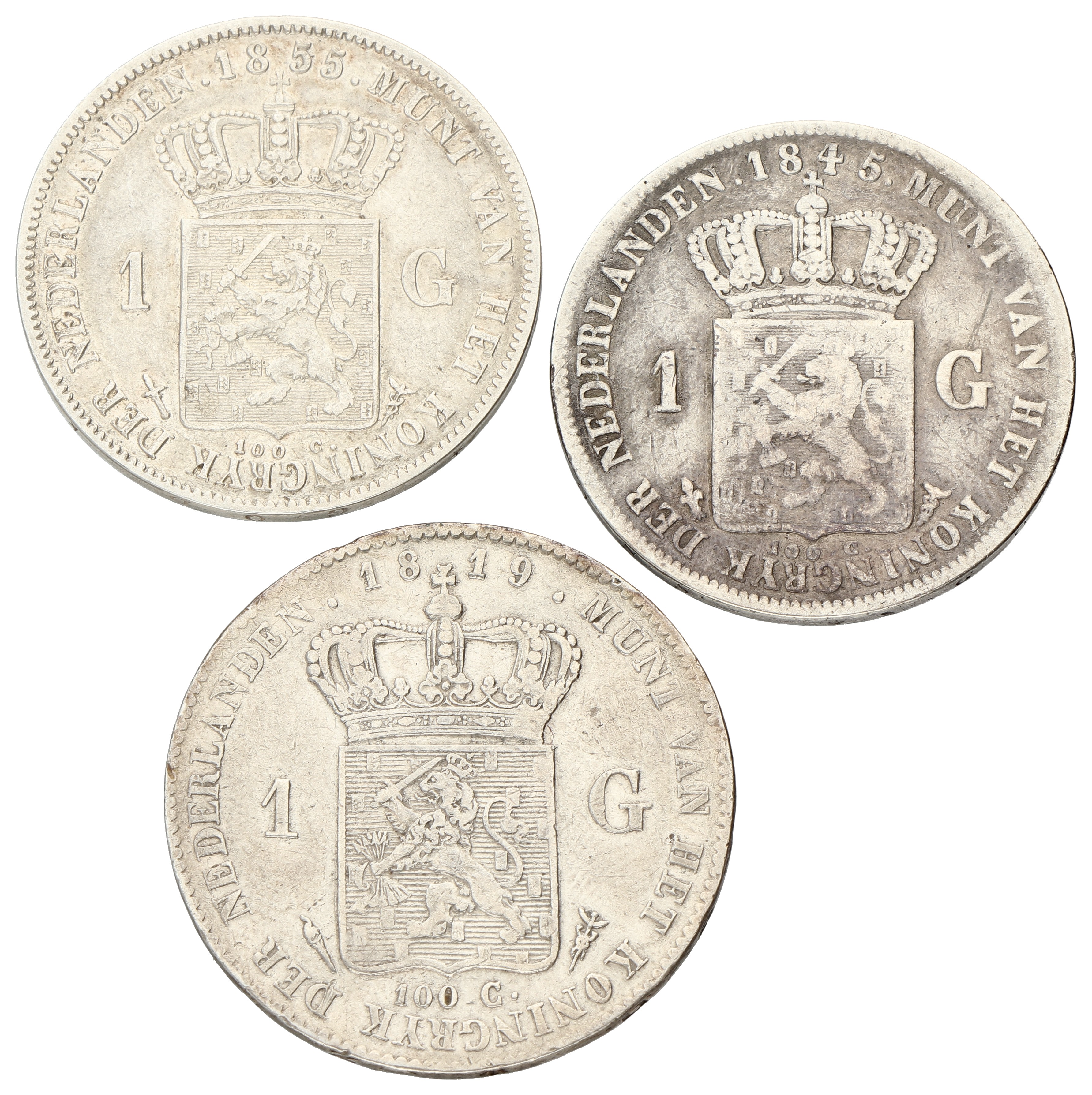 Lot (3) 1 Gulden. Willem I, II & III. 1819U, 1845A & 1855. Gemiddeld Zeer Fraai.