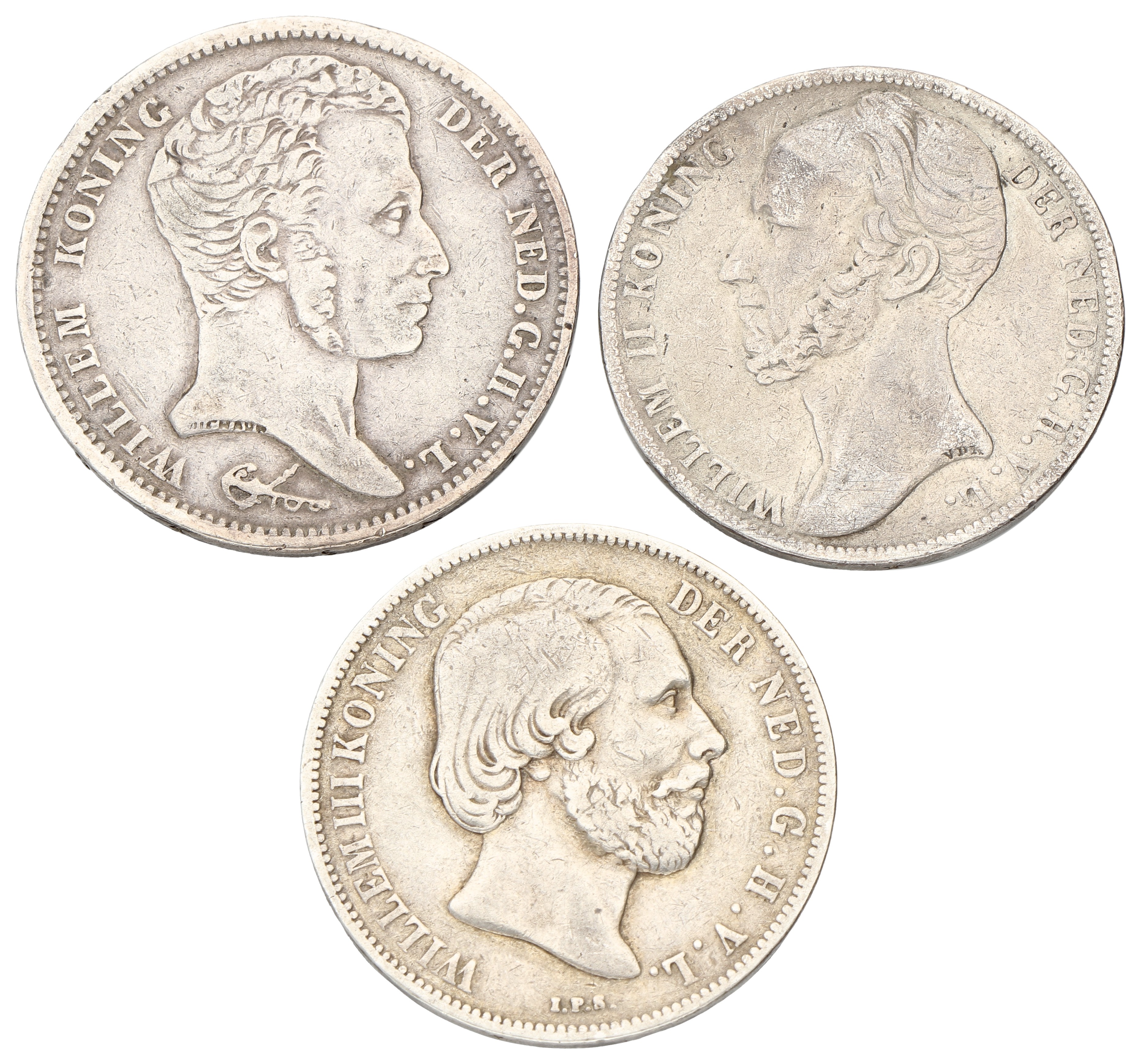 Lot (3) 1 Gulden. Willem I, II & III. 1832/24, 1847 & 1865. Gemiddeld Zeer Fraai.