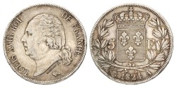 France. Second kingdom. Louis XVIII. 5 Francs. 1824 A. XF -.