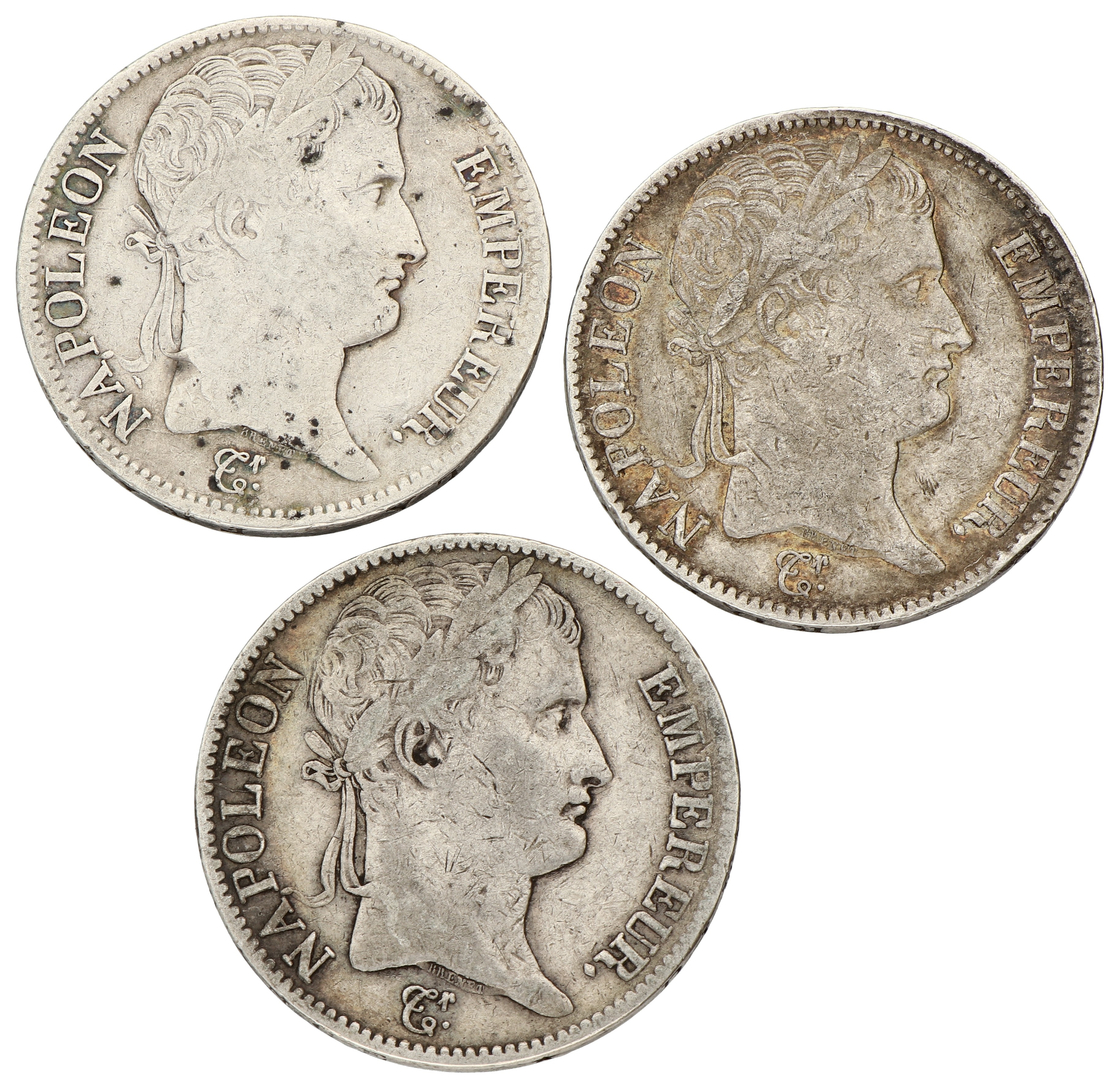 France. Empire. Napoleon. Lot (3) 5 Francs. 1808 A, 1812 MA & 1812 Q. F - VF.