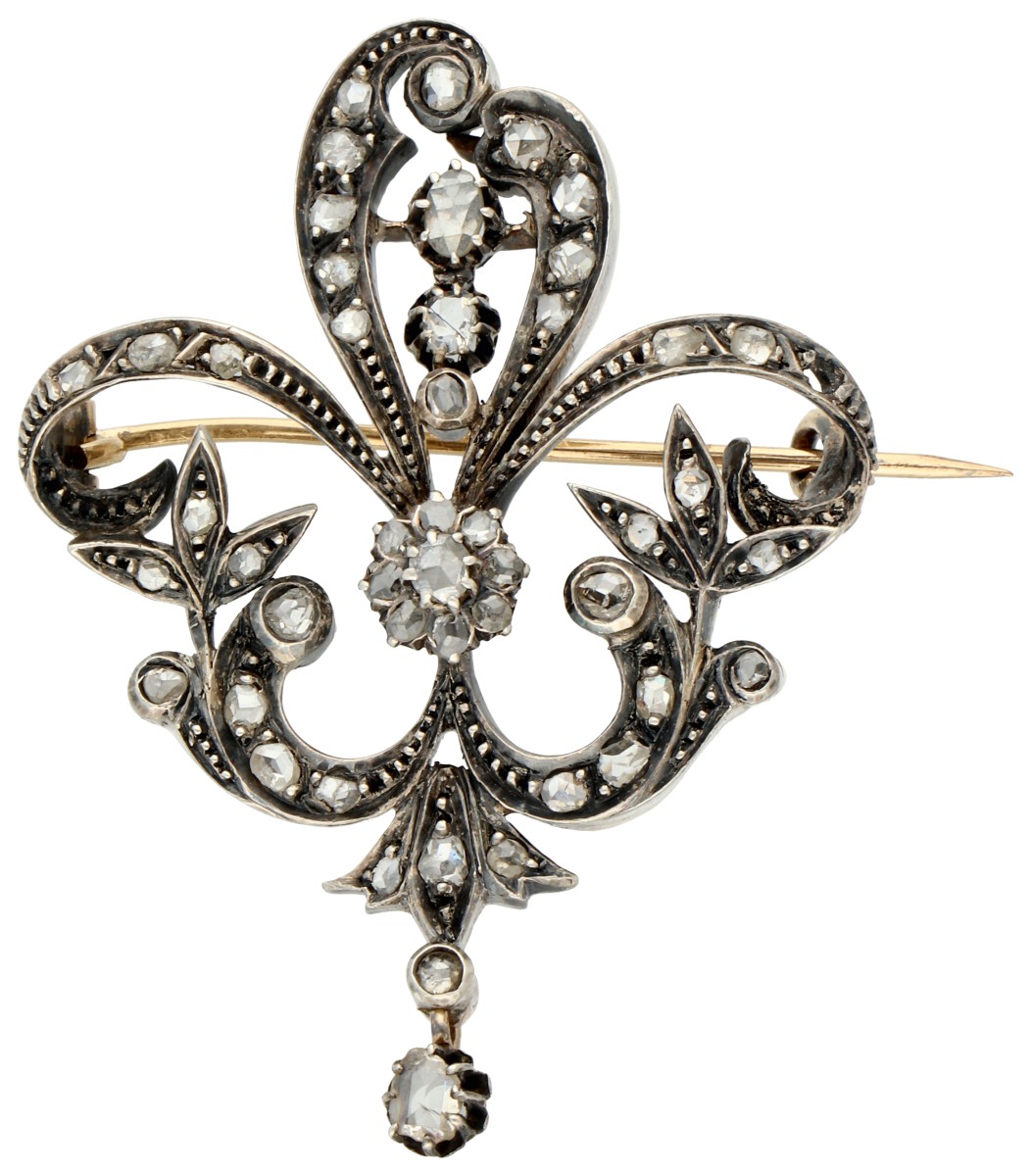 No Reserve - Gouden/zilveren broche fleur-de-lis met roos geslepen diamant.