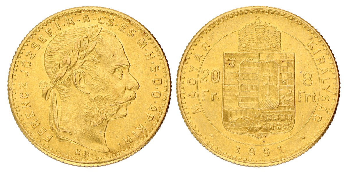Hungary. Franz Joseph II. 8 Forint / 20 Francs. 1891.