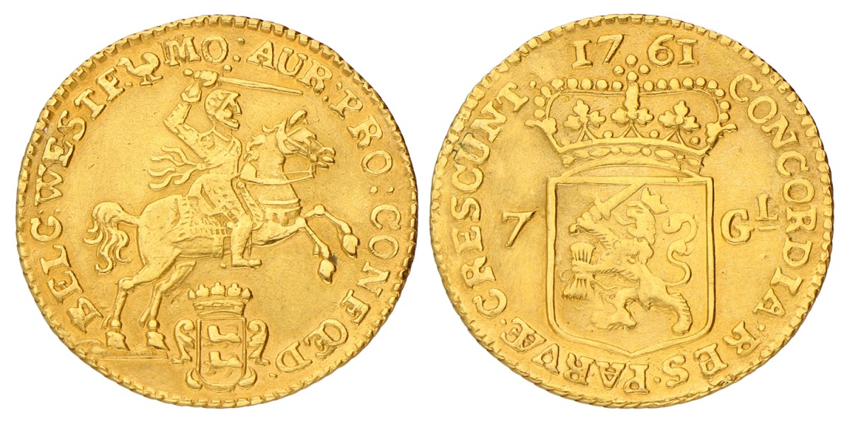 Halve gouden rijder van 7 gulden. West-Friesland. 1761. Zeer Fraai.