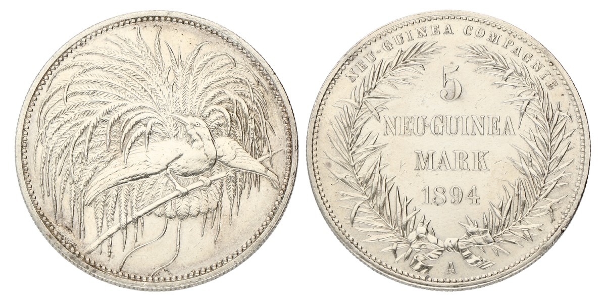 German New Guinea. German colony. Wilhelm II. 5 Mark. 1894. VF / XF.