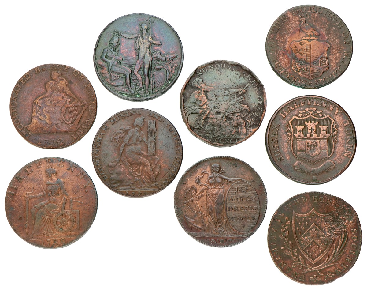 Great Britain. Macclesfield, Poole, Birmingham, Sussex. Lot (9) 1/2 Penny Conder Tokens. 1792 - 1797. F - VF.