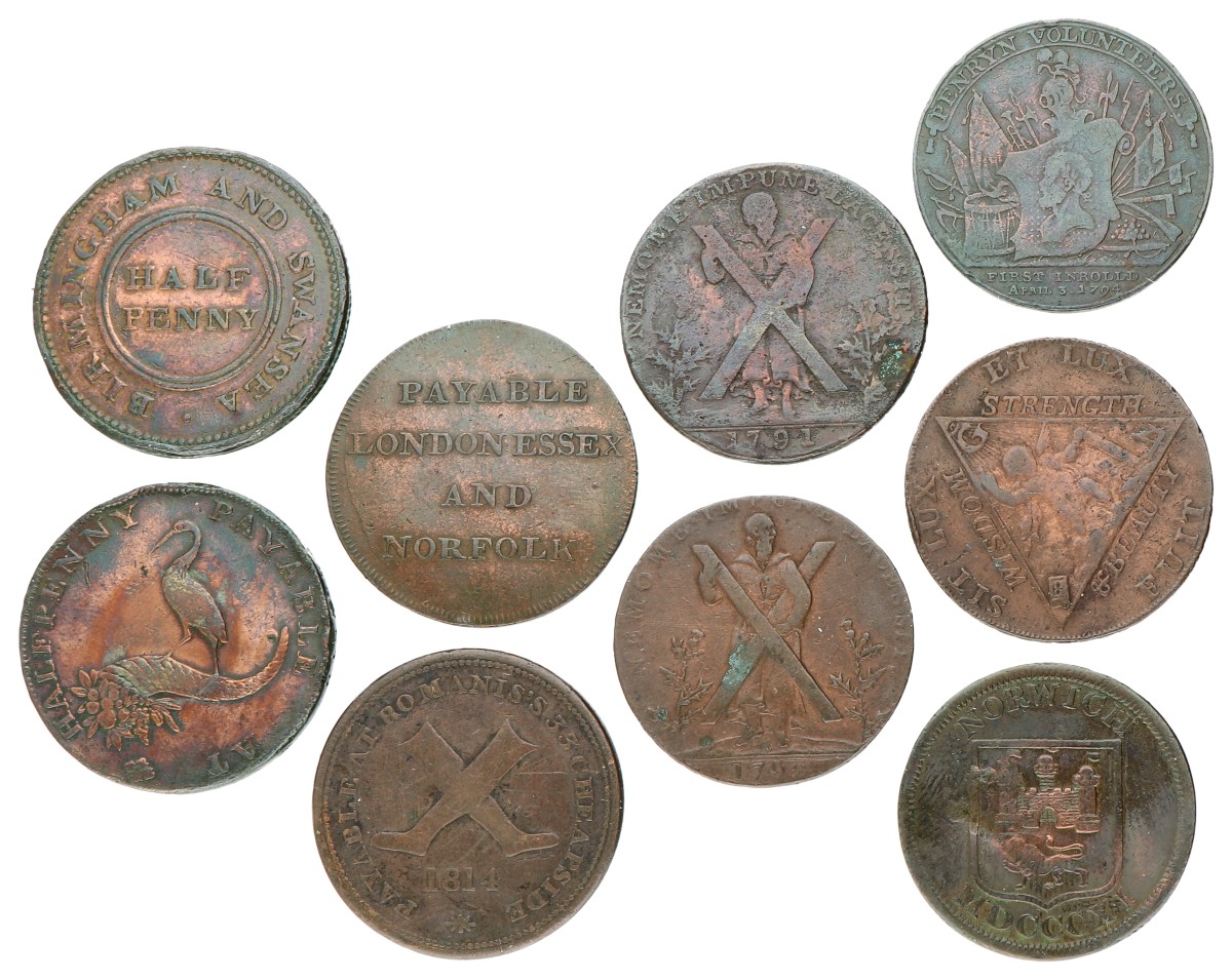 Great Britain. Norwich, Birmingham & Swansea, Edinburg, Norfolk. Penryn, London, Birmingham. Lot (9) 1/2 Penny Conder Tokens. 1793 - 1833. F / VF.