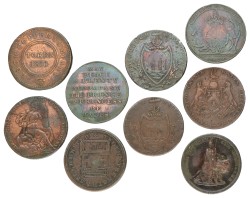 Great Britain. Norwich, Birmingham & Swansea, Edinburg, Norfolk. Penryn, London, Birmingham. Lot (9) 1/2 Penny Conder Tokens. 1793 - 1833. F / VF.