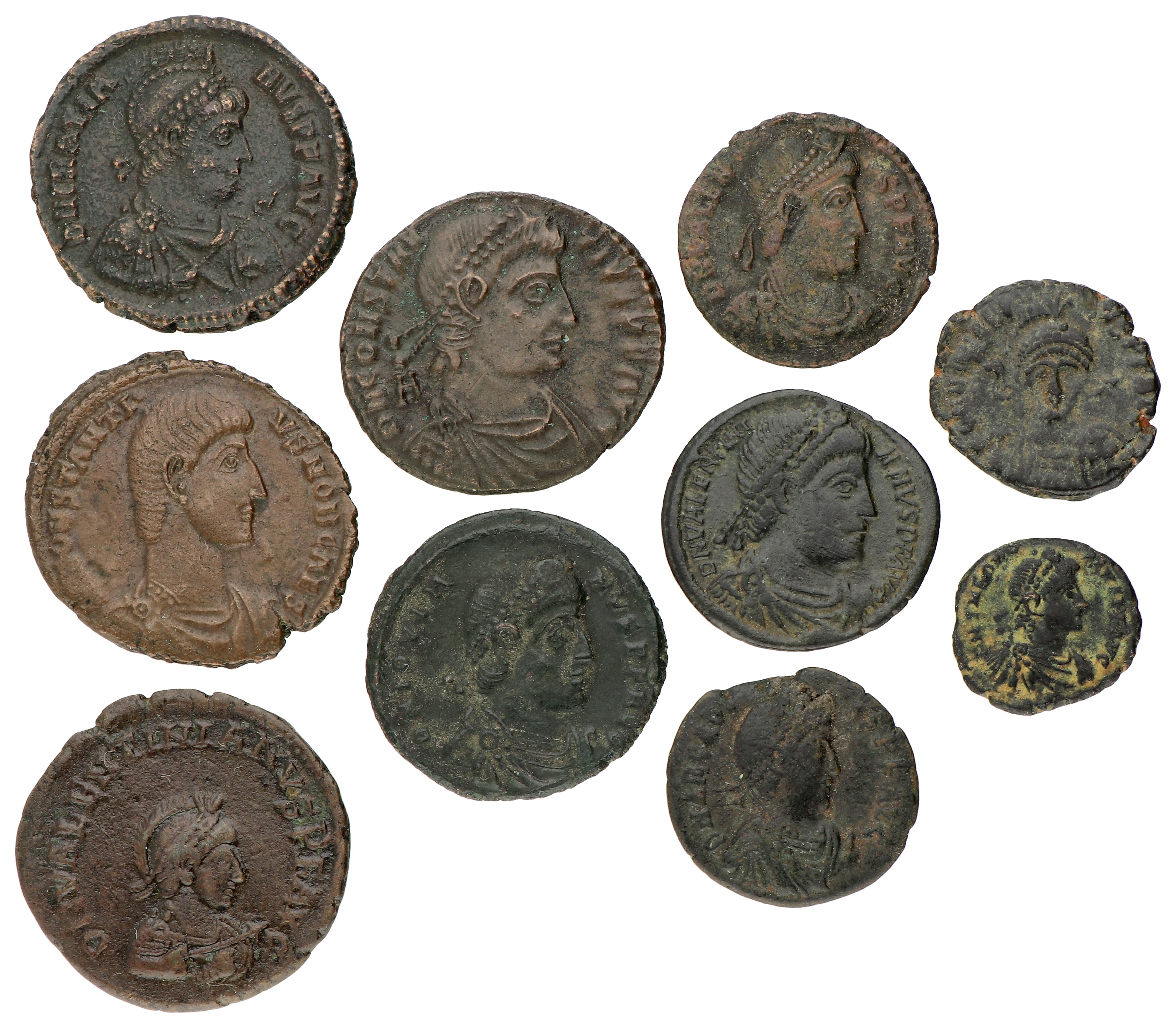 Roman Empire. Constantius Gallus, Valentianus I, Valens, Gratianus, Valentianus II, Theodosius I, Arcadius, Theodosius II. Lot (10) Centionalis. ND (351 - 450 AD). F - VF.