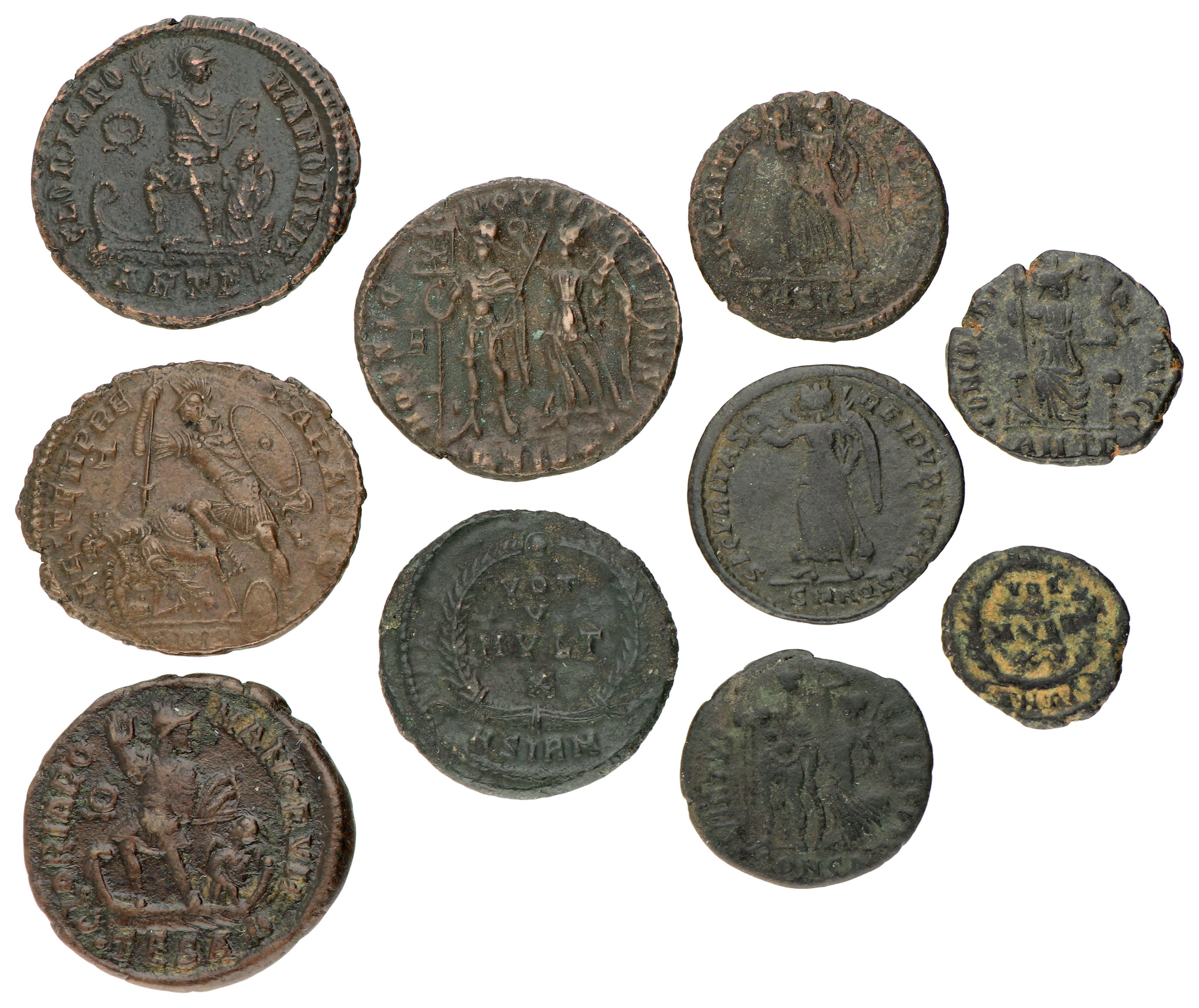 Roman Empire. Constantius Gallus, Valentianus I, Valens, Gratianus, Valentianus II, Theodosius I, Arcadius, Theodosius II. Lot (10) Centionalis. ND (351 - 450 AD). F - VF.