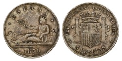 Spain. Provisional government. 5 Pesetas. 1870 (18 - 70). VF / XF.