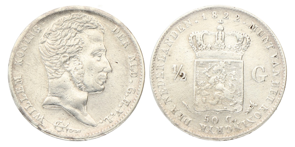 ½ Gulden. Willem I. 1822 U. Zeer Fraai / Prachtig.
