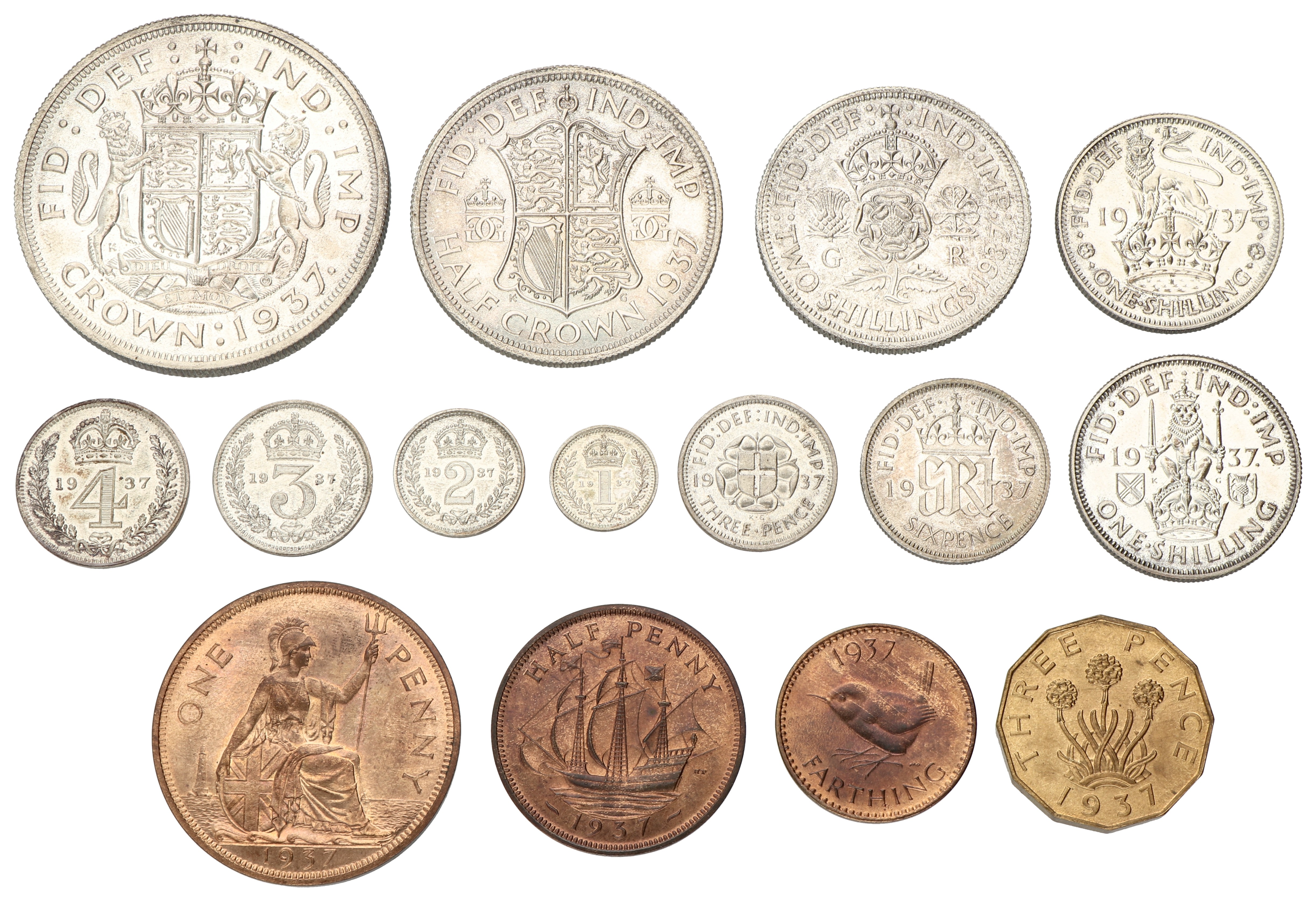 Great Britain. George VI. Specimen coins - PROOF. Crown to Farthing, including Maundy set. 1937. UNC.