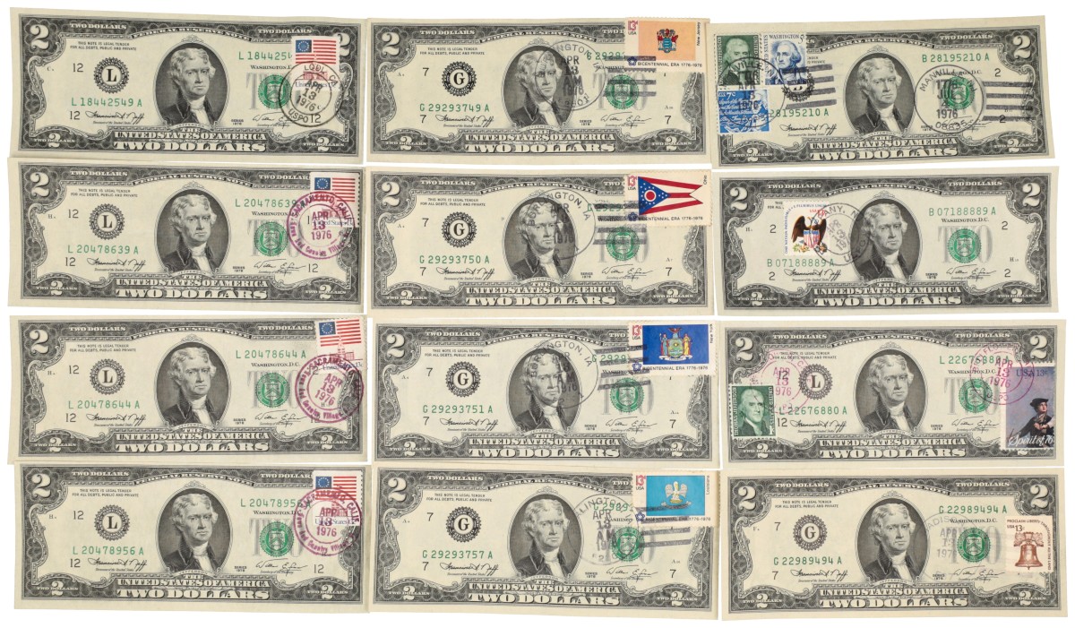 United States of America. 12x 2 Dollars with stamps. Banknotes. Type 1976. - UNC.