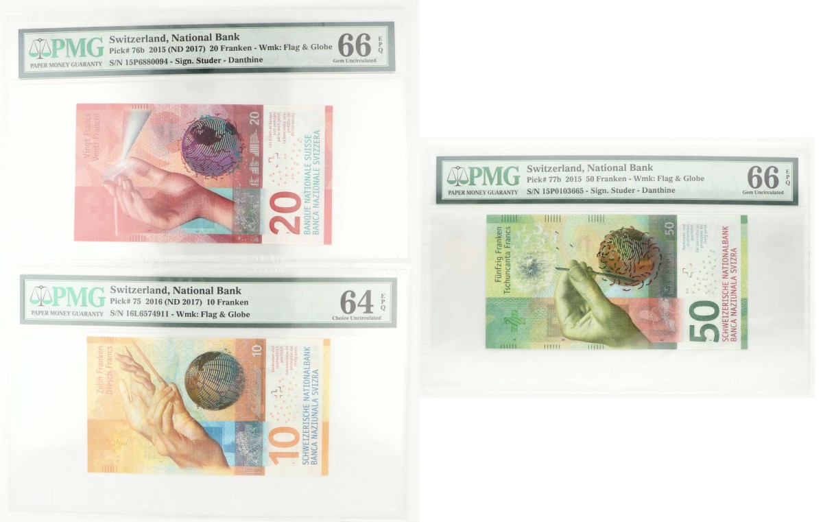 Switserland. 10 Franken PMG 64EPQ / 20 Franken PMG 66EPQ / 50 Franken 66EPQ. Banknote. Type 2015/2016.