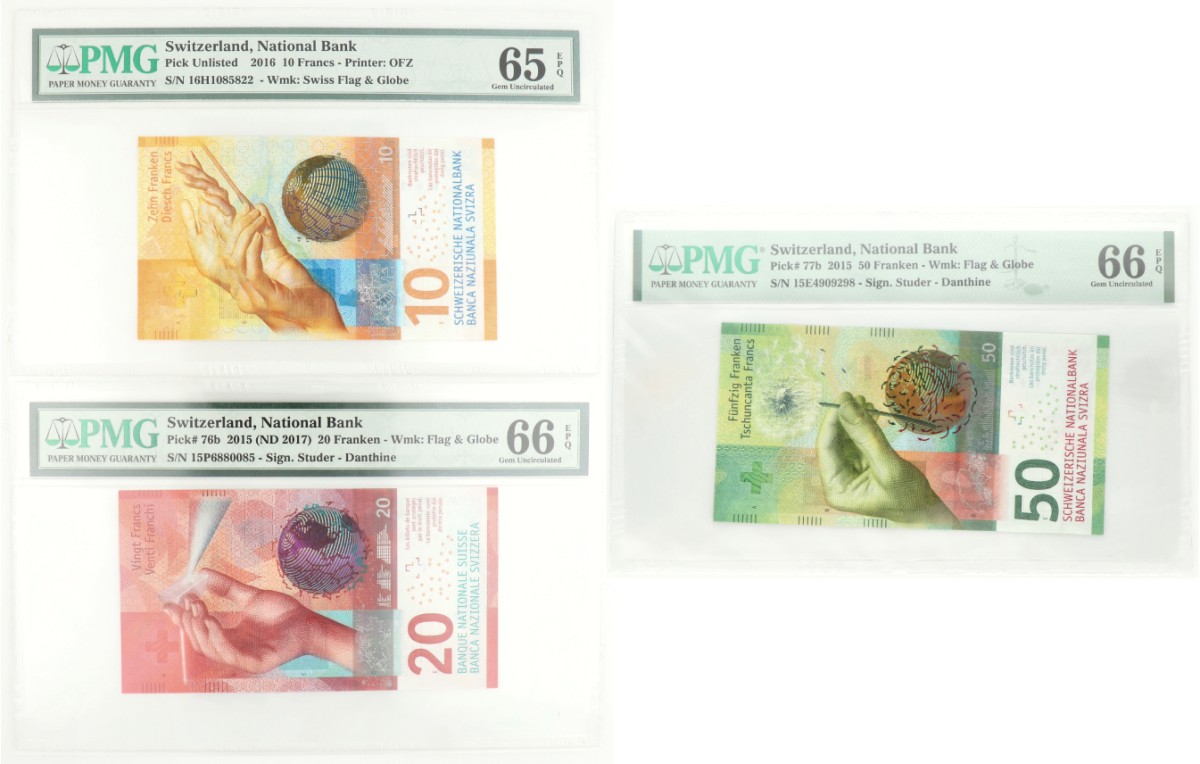 Switserland. 10 Franken PMG 65 EPQ / 20 Franken PMG 66EPQ / 50 Franken PMG 66EPQ. Banknote. Type 2015/2016.