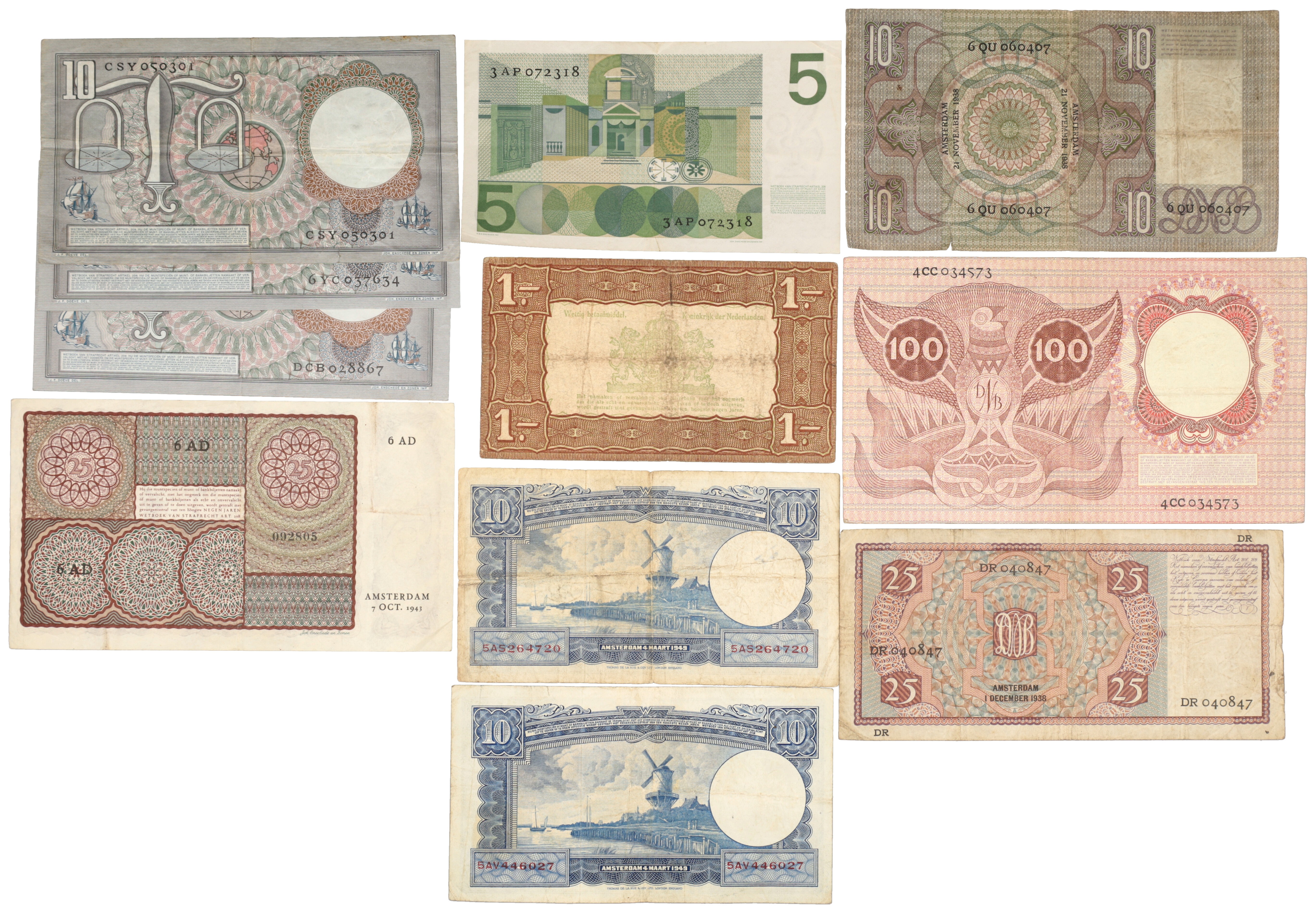 Nederland. Lot 11 biljetten. Bankbiljet. Type 1933/1966. - Zeer Fraai / Prachtig.