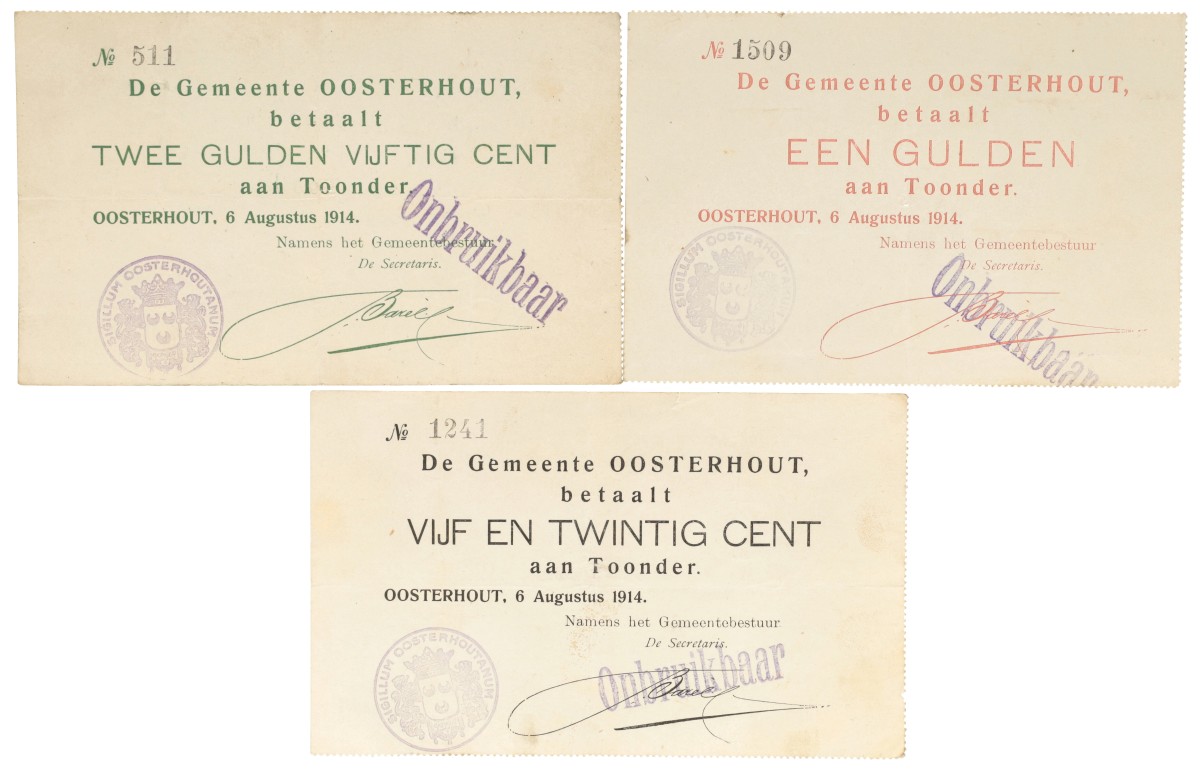 Nederland. 25 cent / 1 Gulden / 2.5 Gulden. Noodgeld. Type 1914. Type Oosterhout. - Zeer Fraai.