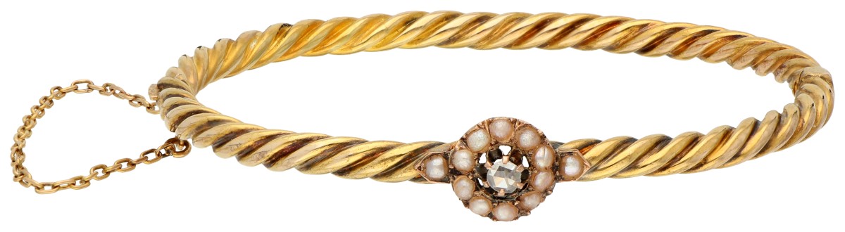 No Reserve - 14K Geelgouden getorste bangle armband met roos diamant en zaadparels.