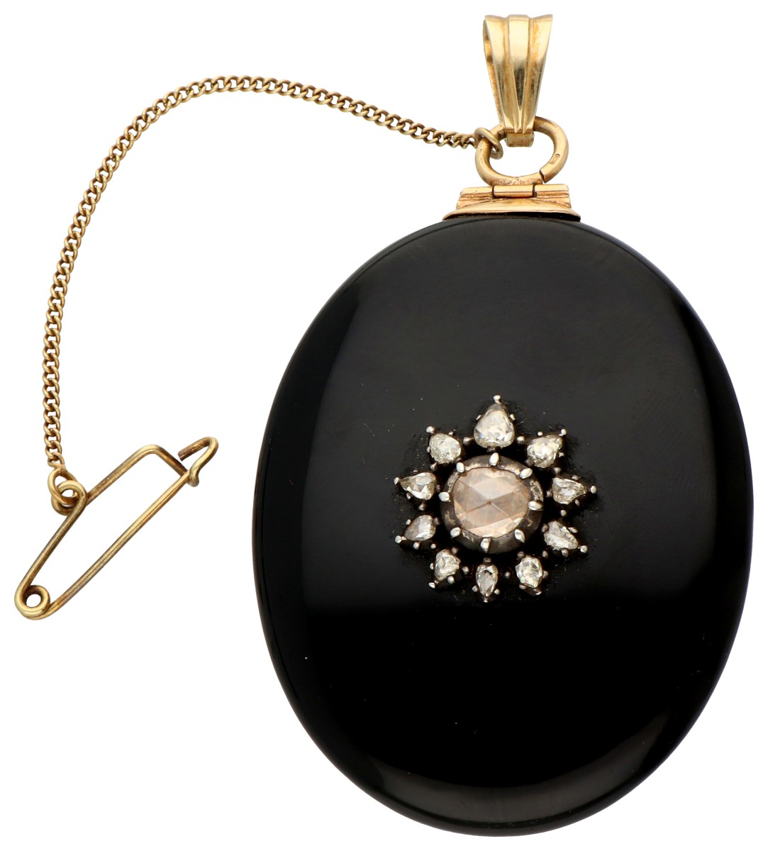 No Reserve - 14K Geelgouden antieke medaillon broche/hanger met roos diamant.