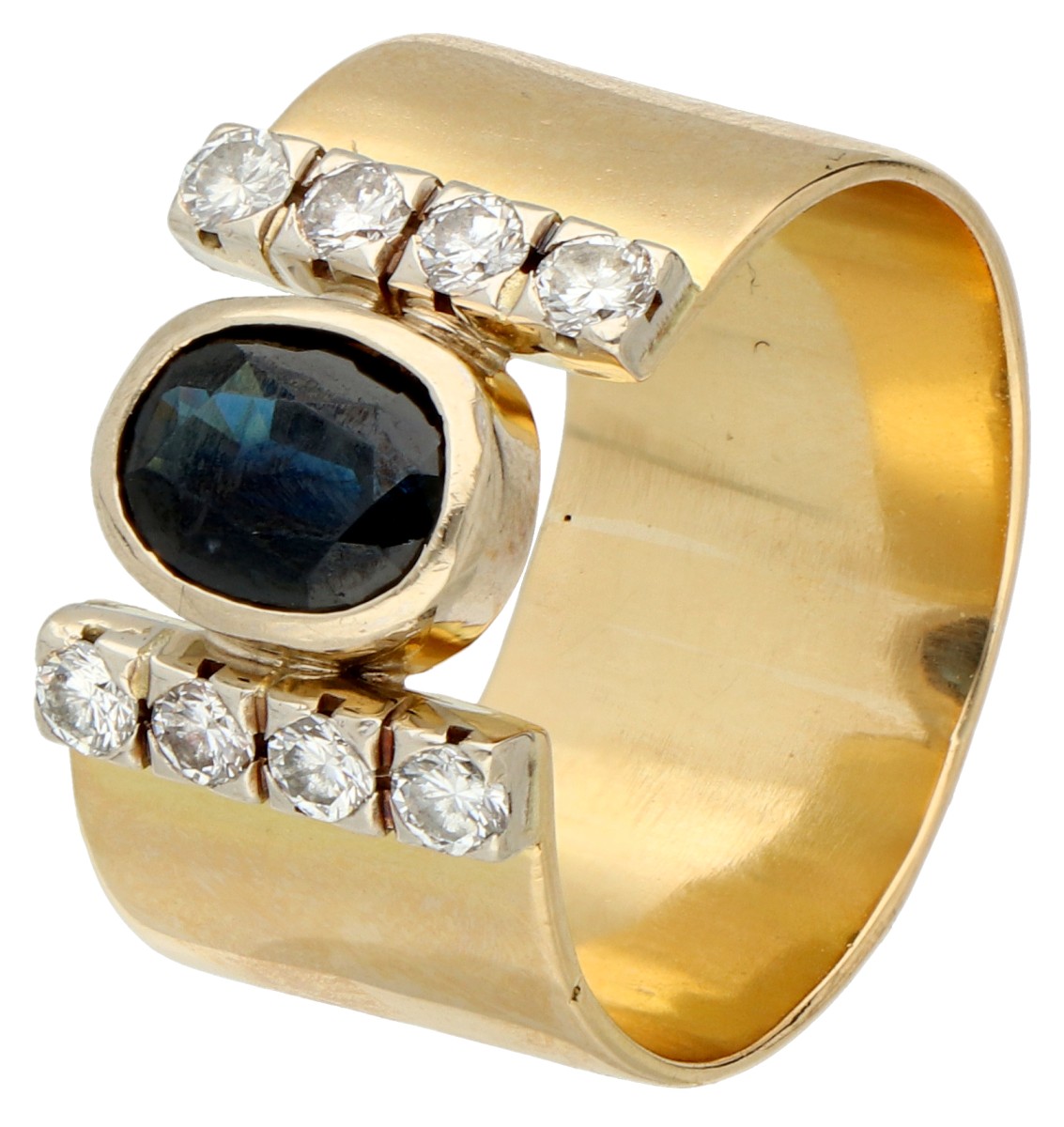 No Reserve - 18K Geelgouden band ring bezet met ca. 1.26 ct. natuurlijk saffier en diamant.