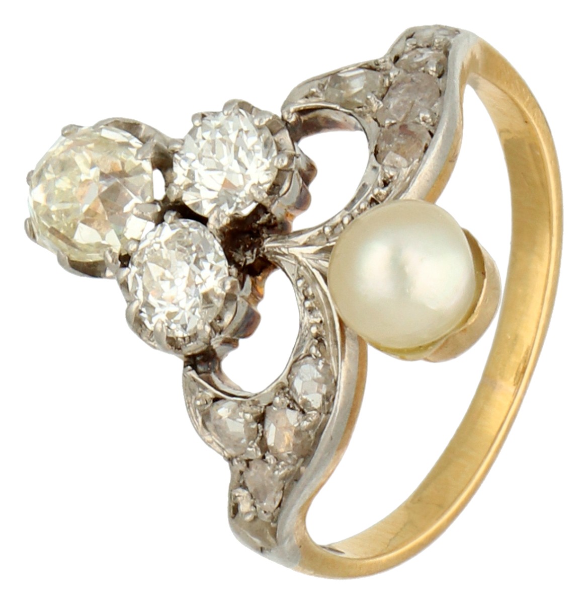 No Reserve - Gouden/platina duchesse ring met diamant en cultivé parel.
