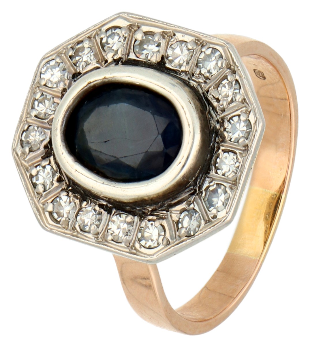 No Reserve - 18K Bicolor gouden entourage ring bezet met ca. 1.60 ct. natuurlijke saffier en diamant