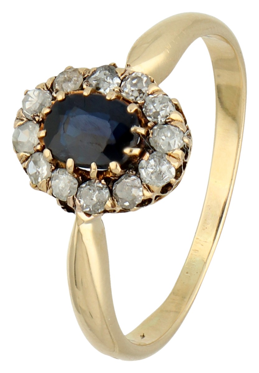 No Reserve - 14K Geelgouden Art Deco entourage ring bezet met synthetisch saffier en oud slijpsel diamant