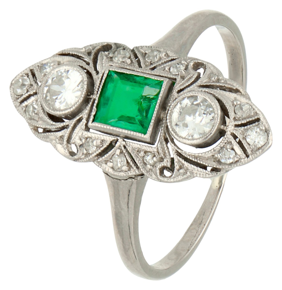 No Reserve - Gouden/platina Art Deco marquise ring bezet met synthetisch smaragd en oud slijpsel diamant.
