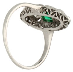 No Reserve - Gouden/platina Art Deco marquise ring bezet met synthetisch smaragd en oud slijpsel diamant.