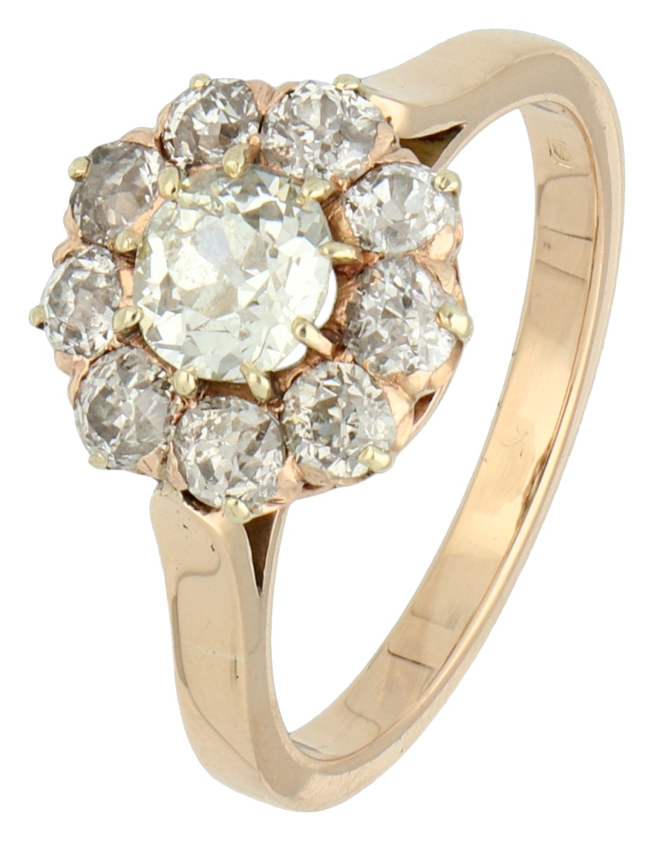 No Reserve - 14K Geelgouden entourage ring bezet met ca. 1.37 ct. oud slijpsel diamant.