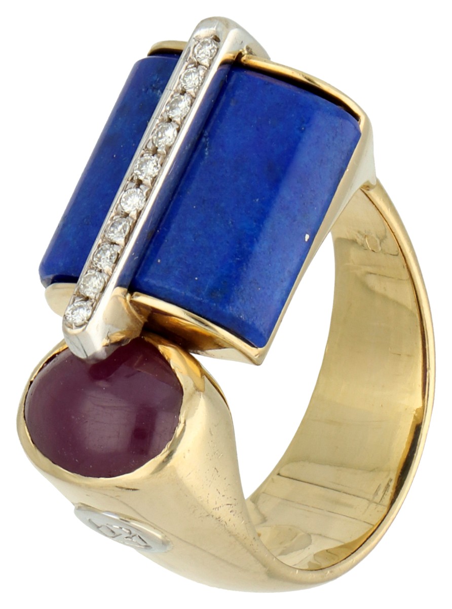 No Reserve - 18K Geelgouden Centoventuno design ring met lapis lazuli en natuurlijke robijn.