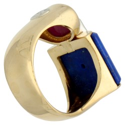 No Reserve - 18K Geelgouden Centoventuno design ring met lapis lazuli en natuurlijke robijn.