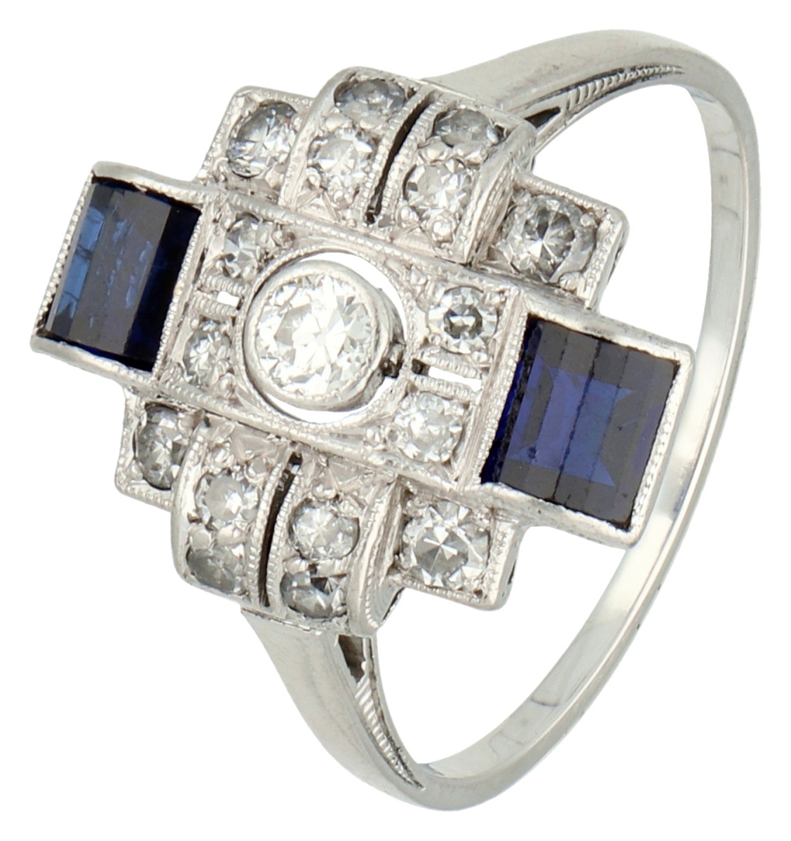 No Reserve - Platina/gouden Art Deco ring bezet met ca. 0.40 ct. diamant en saffier.