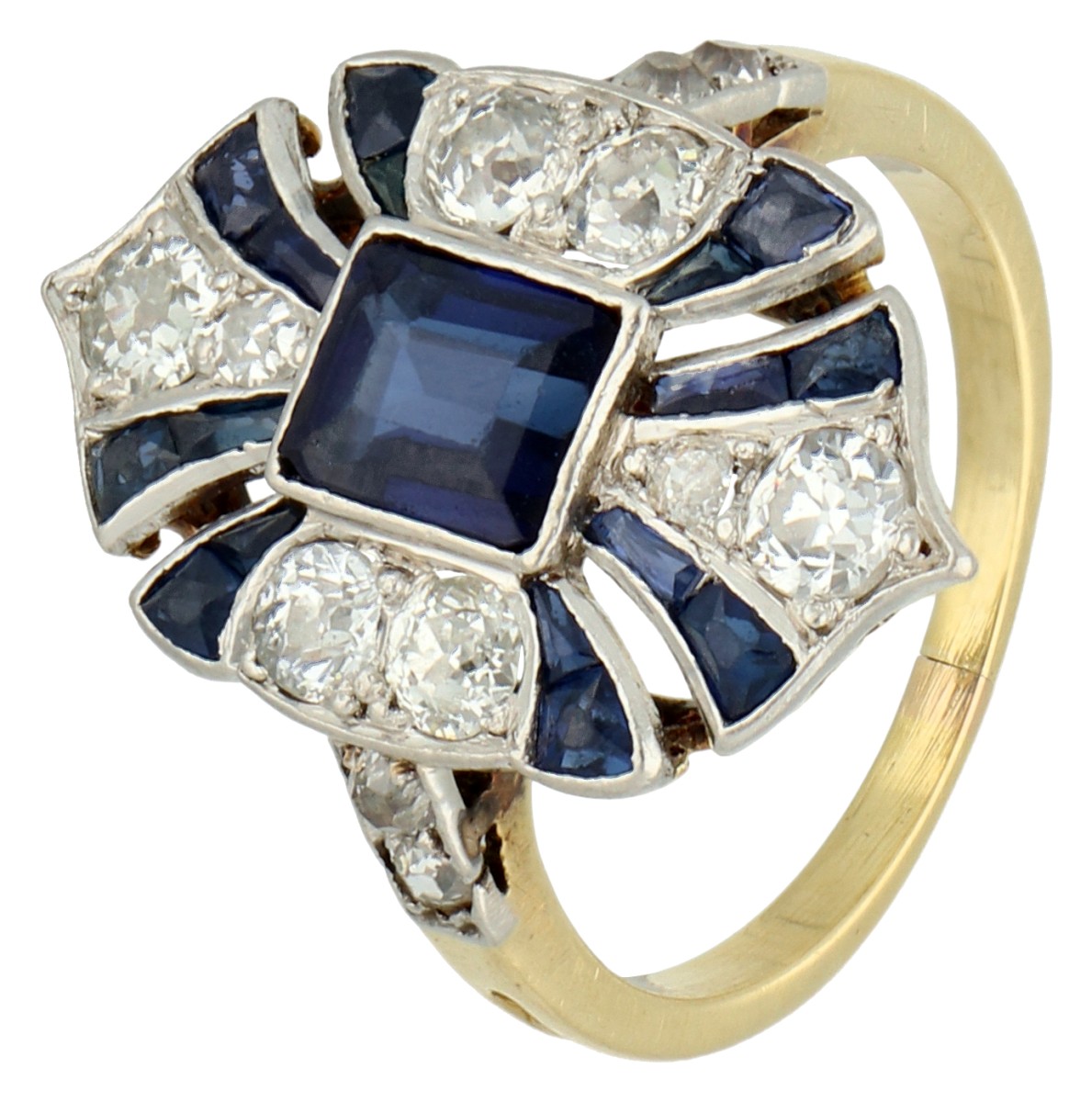 No Reserve - Gouden/platina Art Deco ring bezet met ca. 0.48 ct. diamant en synthetisch saffier.