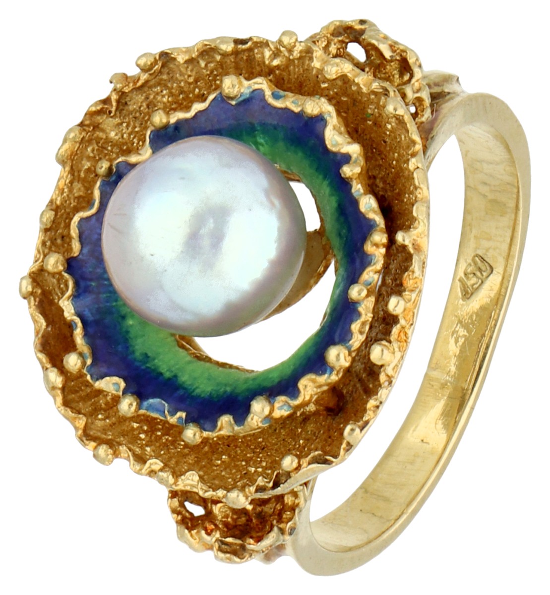 No Reserve - Handgemaakte 18K geelgouden geëmailleerde jaren 70 ring met cultivé parel.