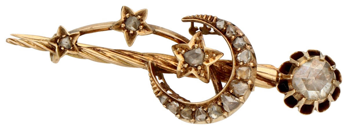 No Reserve - 14K Roségouden halve maan's broche met vallende sterren van diamant.
