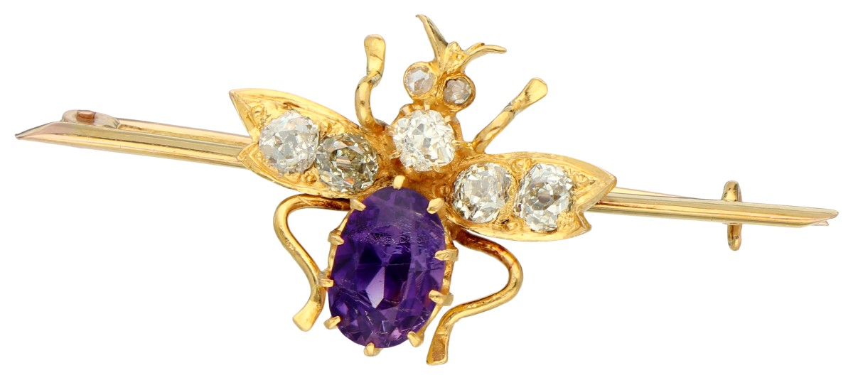 No Reserve - 14K Geelgouden insecten broche bezet met ca. 0.30 ct. diamant en amethist.