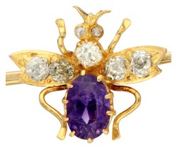 No Reserve - 14K Geelgouden insecten broche bezet met ca. 0.30 ct. diamant en amethist.