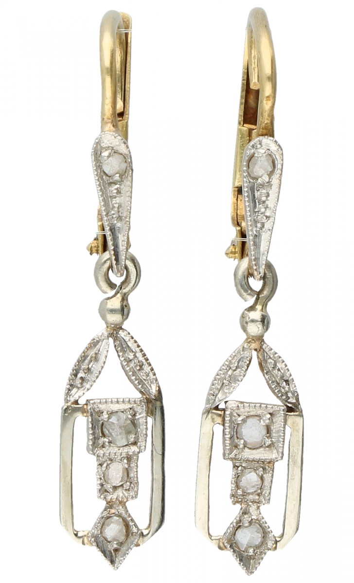 Bicolor gouden Art Deco-oorhangers, met 8 roos geslepen diamanten - 14 kt.